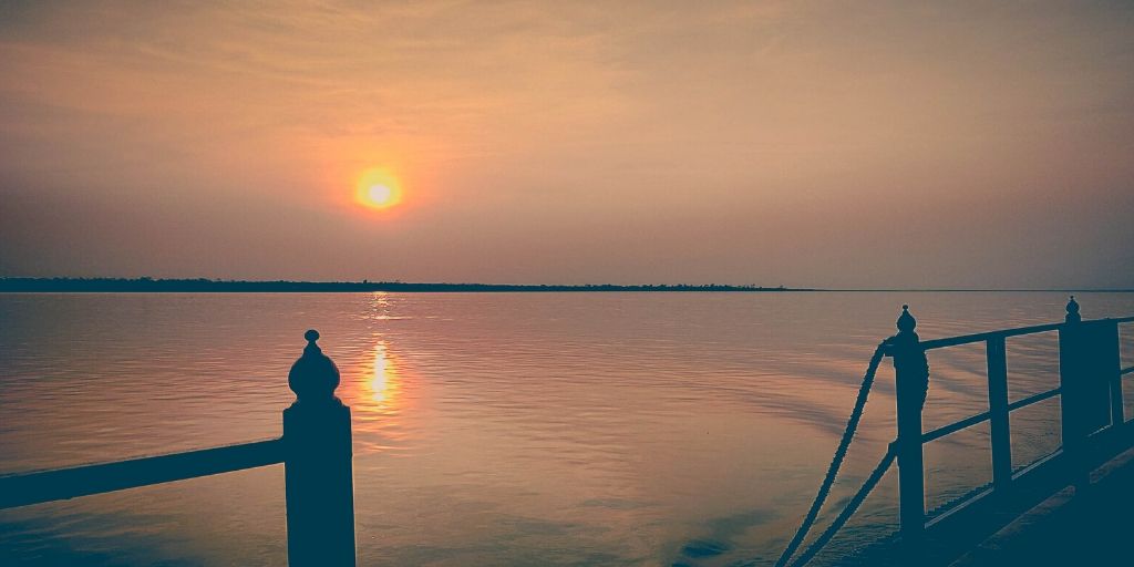 An evening view from a ferry over the Brahmaputra river as we go from Majuli River Island 